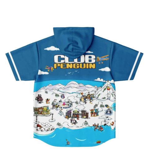 Blue and white cartoon-style snowy island print with block lettering and airplane details, back view