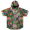Dense psychedelic mushroom and eye collage hooded jersey front view with VIBE CHECK text