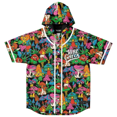 Dense psychedelic mushroom and eye collage hooded jersey front view with VIBE CHECK text