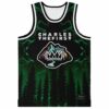 Dark green misty pine design with colorful crowned mountain emblem, front view for festival wear