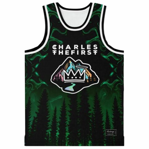 Dark green misty pine design with colorful crowned mountain emblem, front view for festival wear