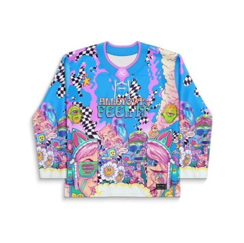 Neon acid trip collage jersey featuring ETERNAL lettering and surreal faces, front view