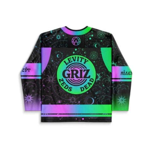 Neon celestial swirl pattern with circular levity emblem on a black jersey, back view