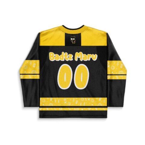 Black and yellow cartoon-style jersey with “Badtz Maru” and “00,” back view