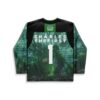 Black Forest misty pine pattern hockey jersey, white number 1, forest back panel, back view