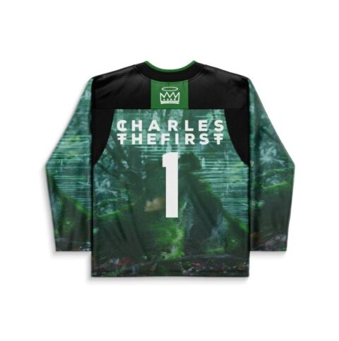 Black Forest misty pine pattern hockey jersey, white number 1, forest back panel, back view