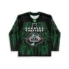 Black Forest misty pine pattern hockey jersey with crown crest and green swirls, front view