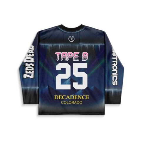 Back view with neon aurora pattern, TAPE B, large 25, and DECADENCE COLORADO lettering