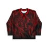 Dark red horror hockey jersey with slasher face graphic and lace-up collar, front view