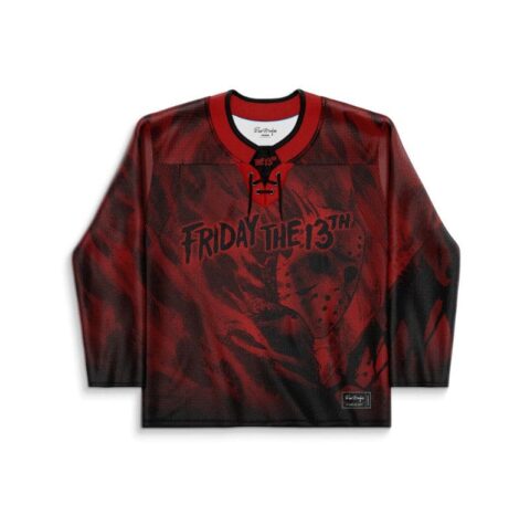 Dark red horror hockey jersey with slasher face graphic and lace-up collar, front view