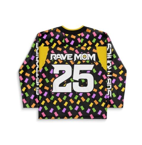 Multicolor tossed candy pattern on back with RAVE MOM 25 lettering, studio product view