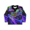 Holographic oil-slick swirl front jersey with colorful Levity lettering and black lace-up collar