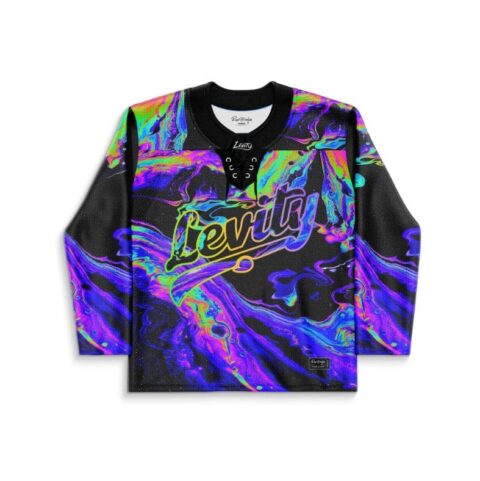Holographic oil-slick swirl front jersey with colorful Levity lettering and black lace-up collar