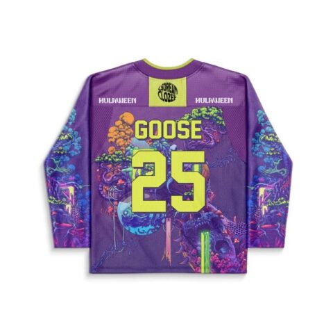 Purple surreal psychedelic back design with GOOSE and 25 lettering, neon forest creatures, white background