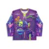 Purple CloZee x LSDREAM fan rave hockey jersey with neon fantasy creatures and forest scenes, front view, white background