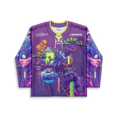 Purple surreal psychedelic jersey with neon fantasy creatures and forest scenes, front view, white background