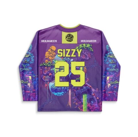 Purple surreal psychedelic jersey with SIZZY 25 lettering and neon forest creatures, back view