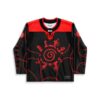 Black and red spiral seal with chain motifs and abstract figures, front festival hockey jersey