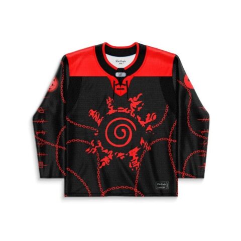 Black and red spiral seal with chain motifs and abstract figures, front festival hockey jersey