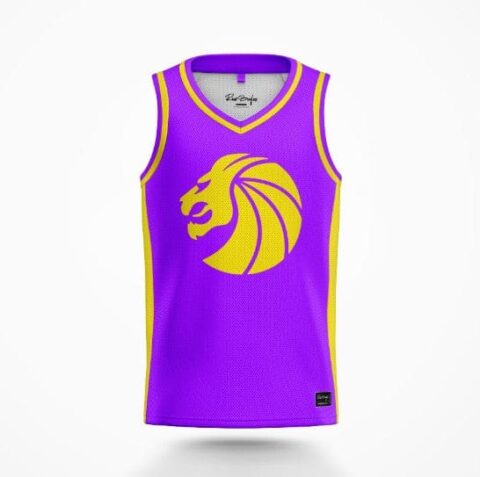 Purple basketball jersey front with gold lion basketball emblem and yellow trim