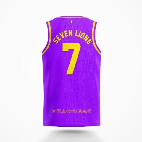 Purple basketball jersey back with gold number 7 and geometric festival symbols