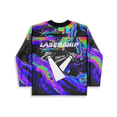 Holographic oil-slick swirl back jersey featuring LASERSHIFT and THEY’RE COMING! graphic