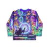 Purple psychedelic cosmic back design with glowing atom, cartoon creatures, and “NEXT SIDE QUEST LOADING...”