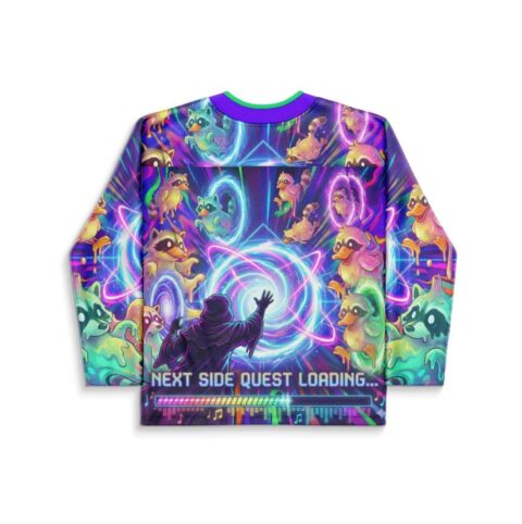 Purple psychedelic cosmic back design with glowing atom, cartoon creatures, and “NEXT SIDE QUEST LOADING...”