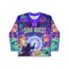 Purple psychedelic cosmic design front view with glowing atom, cartoon-style creatures, and “SIDE QUEST” text