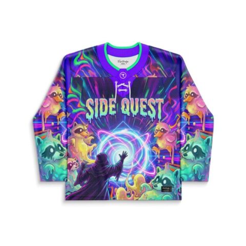Purple psychedelic cosmic design front view with glowing atom, cartoon-style creatures, and “SIDE QUEST” text