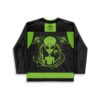 Neon green alien illustration with UFOs and planet on black jersey, back view