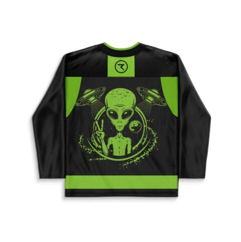 Neon green alien illustration with UFOs and planet on black jersey, back view