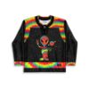 Cartoon extraterrestrial jersey with neon tie-dye trim and peace-sign alien, front view