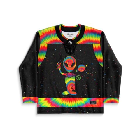 Cartoon extraterrestrial jersey with neon tie-dye trim and peace-sign alien, front view