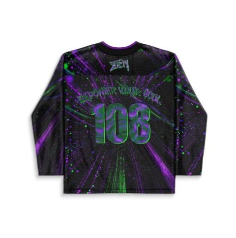 Black jersey with neon hyperspace burst pattern, purple-green streaks, number 08, shoulder lettering, back view