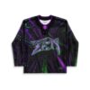 Black jersey with neon hyperspace burst pattern, purple-green streaks, splatter, and stylized emblem, front view