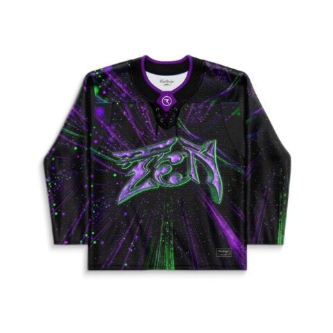 Black jersey with neon hyperspace burst pattern, purple-green streaks, splatter, and stylized emblem, front view