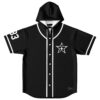 Black rave hooded baseball jersey with white accents and a star emblem on the front