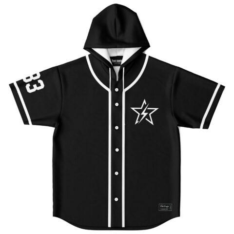 Black hooded baseball jersey with white accents and star logo