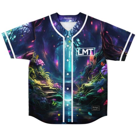 Enchanted forest jersey front view with glowing stream, flowers, and LMT chest lettering