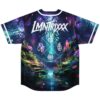 Enchanted forest jersey back view with glowing stream, elemental symbols, and LMNTRIXXX lettering