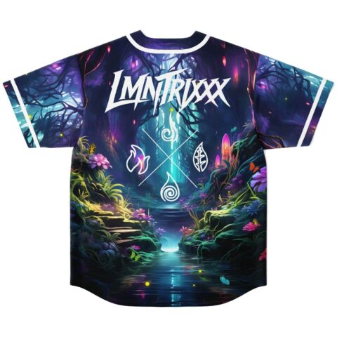 Enchanted forest jersey back view with glowing stream, elemental symbols, and LMNTRIXXX lettering