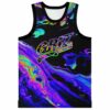 Front view of neon acid paint swirl jersey with large stylized lettering and black trim