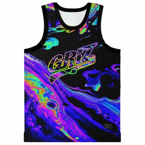 Front view of neon acid paint swirl jersey with large stylized lettering and black trim