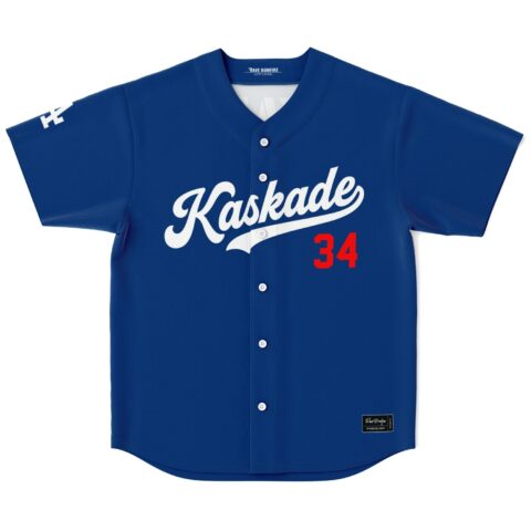 Royal blue jersey with bold script sports lettering, red 34, buttoned front on white