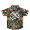 Dense psychedelic mushroom and eye collage hooded jersey back view featuring large VIBE CHECK lettering