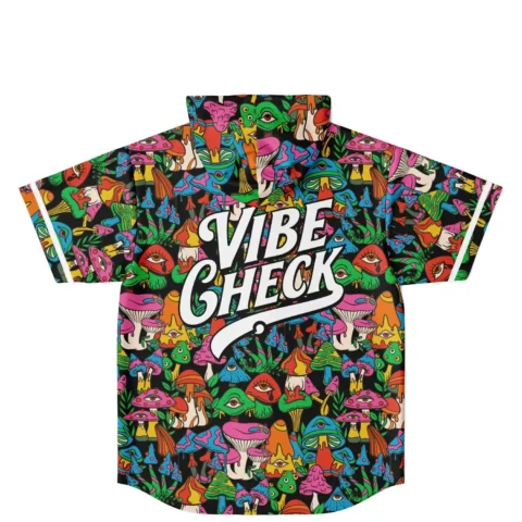 Dense psychedelic mushroom and eye collage hooded jersey back view featuring large VIBE CHECK lettering