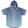 Slate blue anime-inspired jersey with white piping and SANCTUARY text, front view with hood