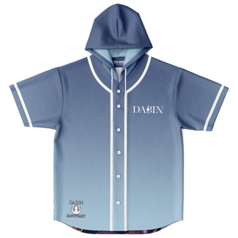 Slate blue anime-inspired jersey with white piping and SANCTUARY text, front view with hood