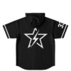 Back view of the black rave hooded baseball jersey with a large star design